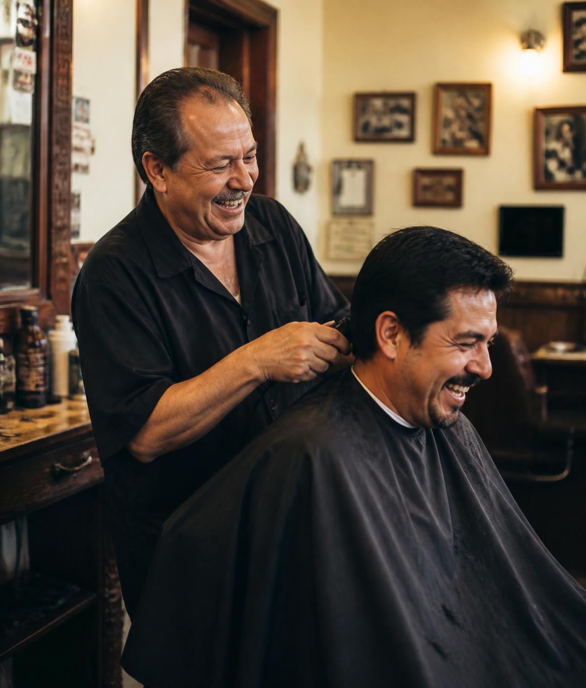 Arturo laughing with a longtime customer during a haircut